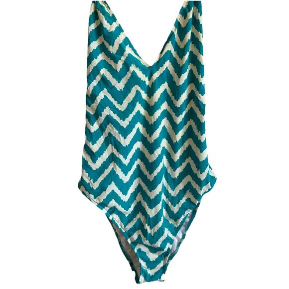 $295 Milly Cabana Swimsuit Retro Print Green Stripe One Piece Low Cut Sexy Med - Picture 2 of 11